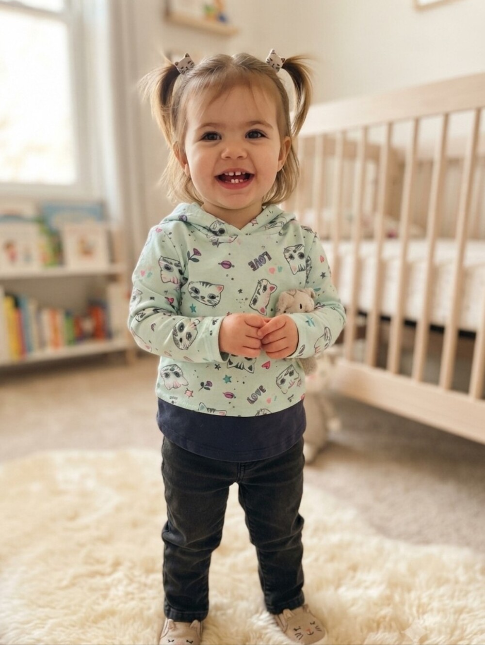 2T Cute Cat Print Hooded T-shirt and Navy Pants Set